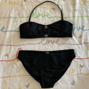 Black O Ring 2pc Bikini Top Bottoms Swim Womans sz Large 11 / 13